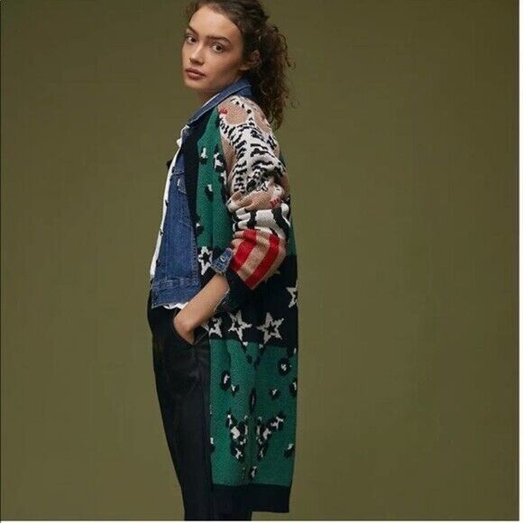 Anthropologie Vilagallo Starry Leopard Medium Open Sweater Cardigan Knit $350 - Picture 1 of 8